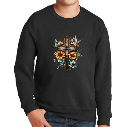 Youth Graphic Sweatshirt - Christian Cross Floral Bouquet Brown