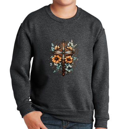 Youth Graphic Sweatshirt - Christian Cross Floral Bouquet Brown