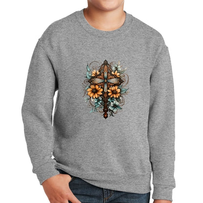 Youth Graphic Sweatshirt - Christian Cross Floral Bouquet Brown