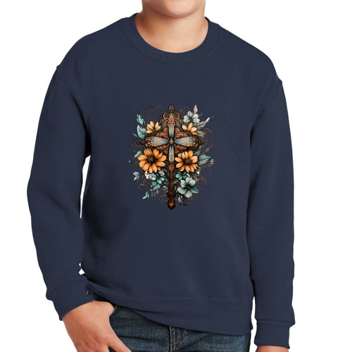 Youth Graphic Sweatshirt - Christian Cross Floral Bouquet Brown