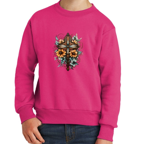 Youth Graphic Sweatshirt - Christian Cross Floral Bouquet Brown