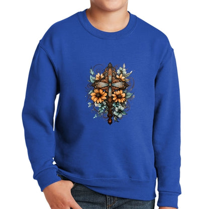 Youth Graphic Sweatshirt - Christian Cross Floral Bouquet Brown