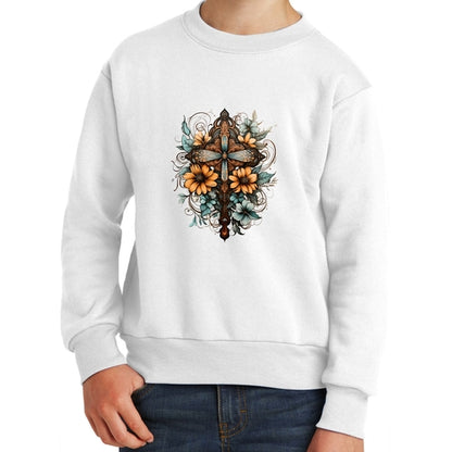 Youth Graphic Sweatshirt - Christian Cross Floral Bouquet Brown